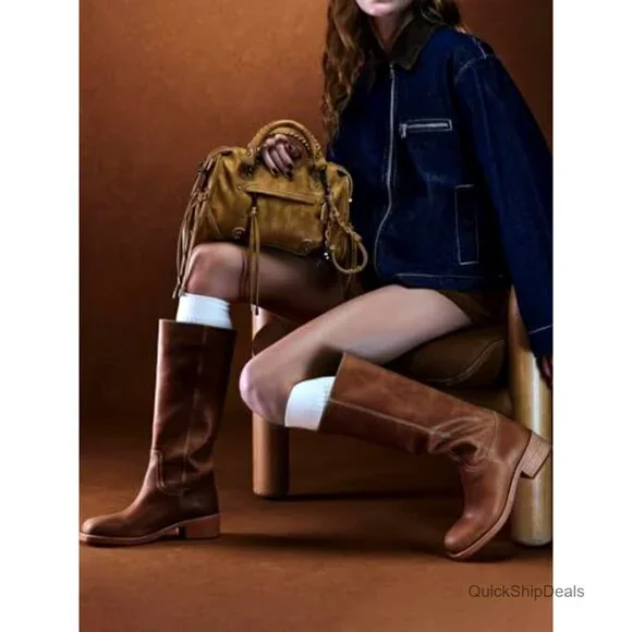 Women's Knee High Boots Square Toe Chunky Heel Comfortable Low Heel Shoes - Picture 3 of 7